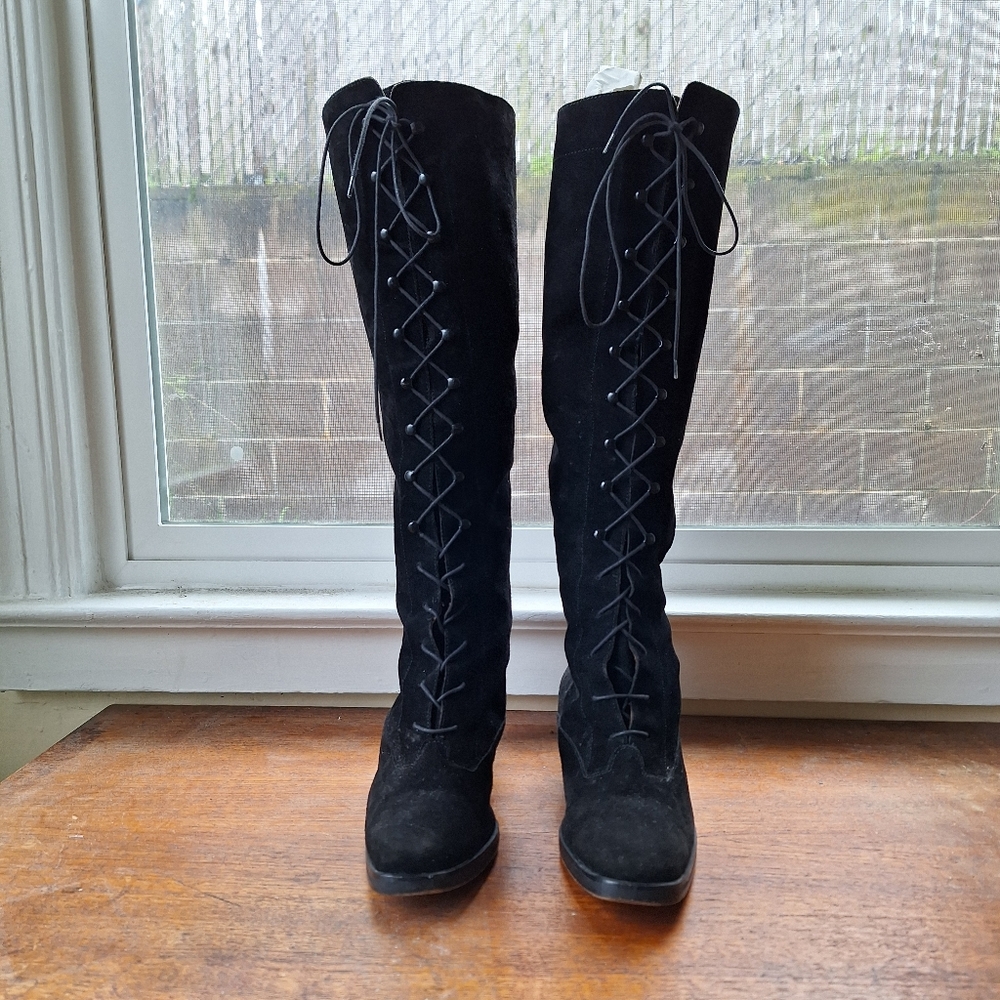 Vintage leather lined stacked heel knee high suede boots